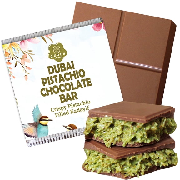 Ceres Gourmet Handmade Pistachio Chocolate Bar with Crispy Kunafa Filling, 1 Count, 3.5 Oz