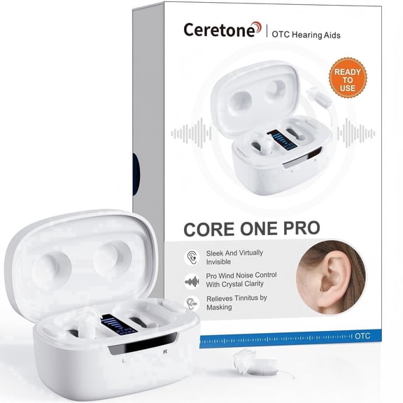 Ceretone Core One Pro White FDA-Cleared OTC IIC Hearing Aids – Virtually Invisible, Rechargeable, Intricon Chip for High-Definition Sound, Penny-Size Design, Video Guide & Support