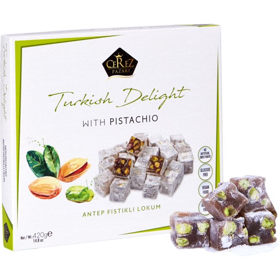 Cerez Pazari Turkish Delight Pistachio Candy Gourmet Premium Vegan Sweets Medium Gift Box 14.8oz | Sweet Luxury Traditional Confectionery Soft Candy Dessert Glucose Free Lokum Loukoumi