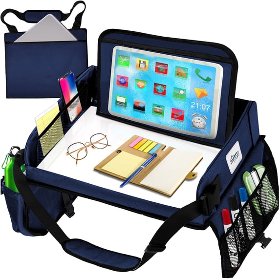 Cerizona Travel Lap Desk - Travel Tray, Portable Lap Desk for Car, Remote Work, Trips, School - Storage Pockets, Laptop Tablet Sleeve, Adjustable Carrying Strap - Fits up to 15.6-Inch Laptop (Navy)