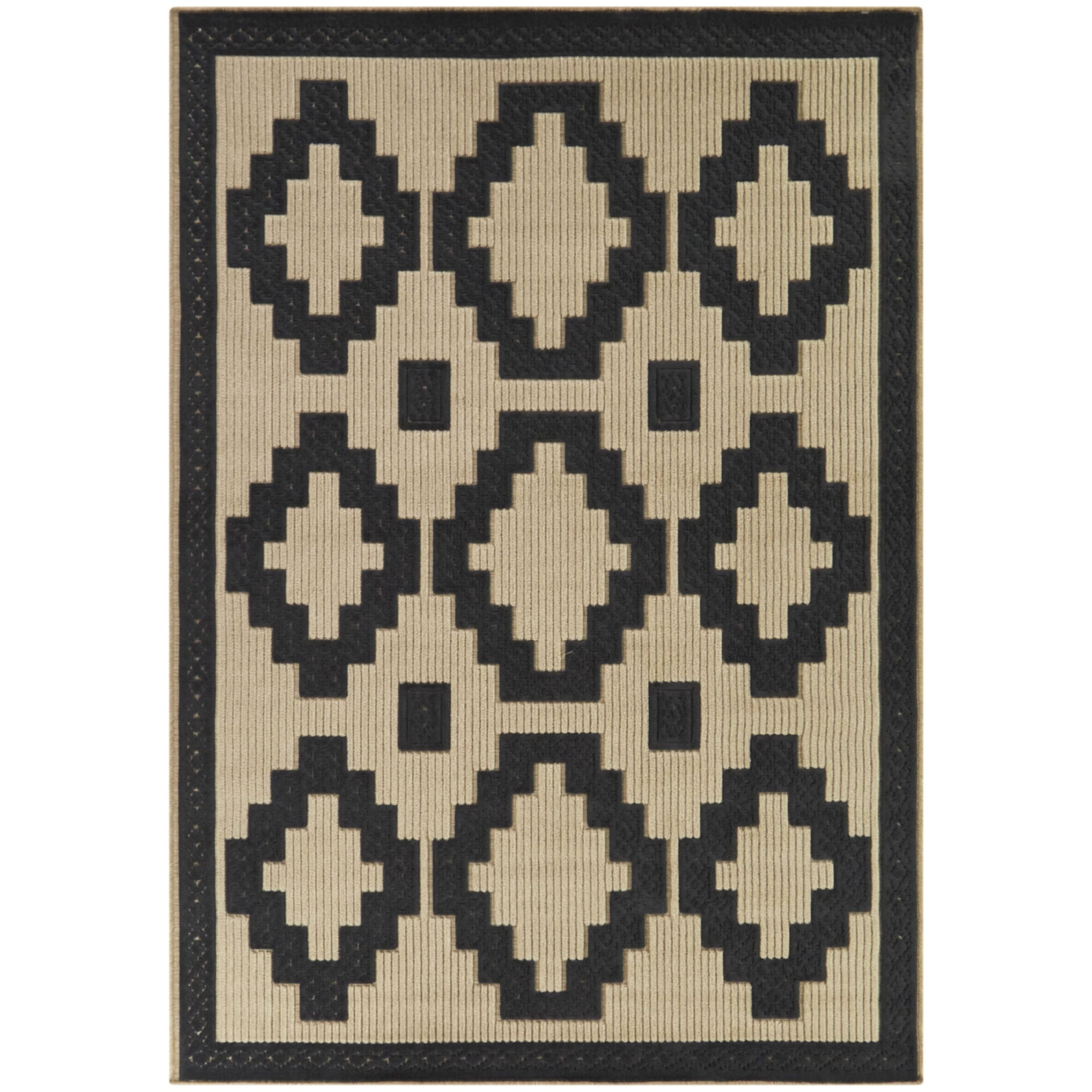 Black and Beige Geometric Synthetic Flat Woven Area Rug