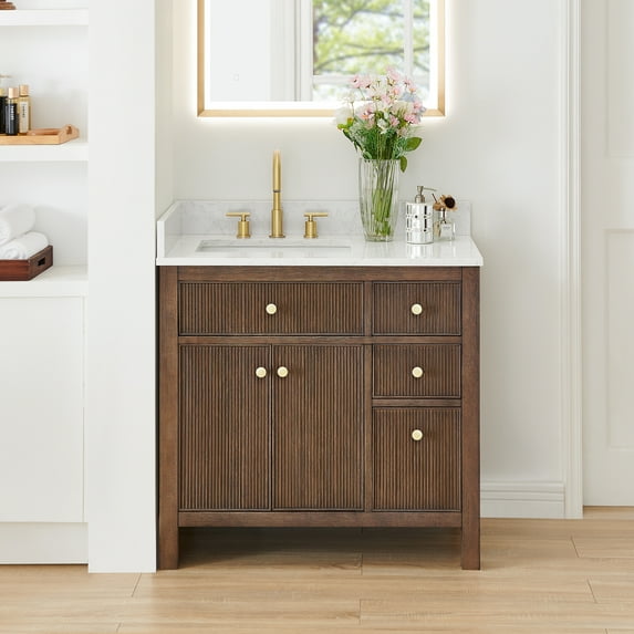 Cerrito 36" Wood Vanity in Brown Brushed Oak Engineered Stone Top no Mirror