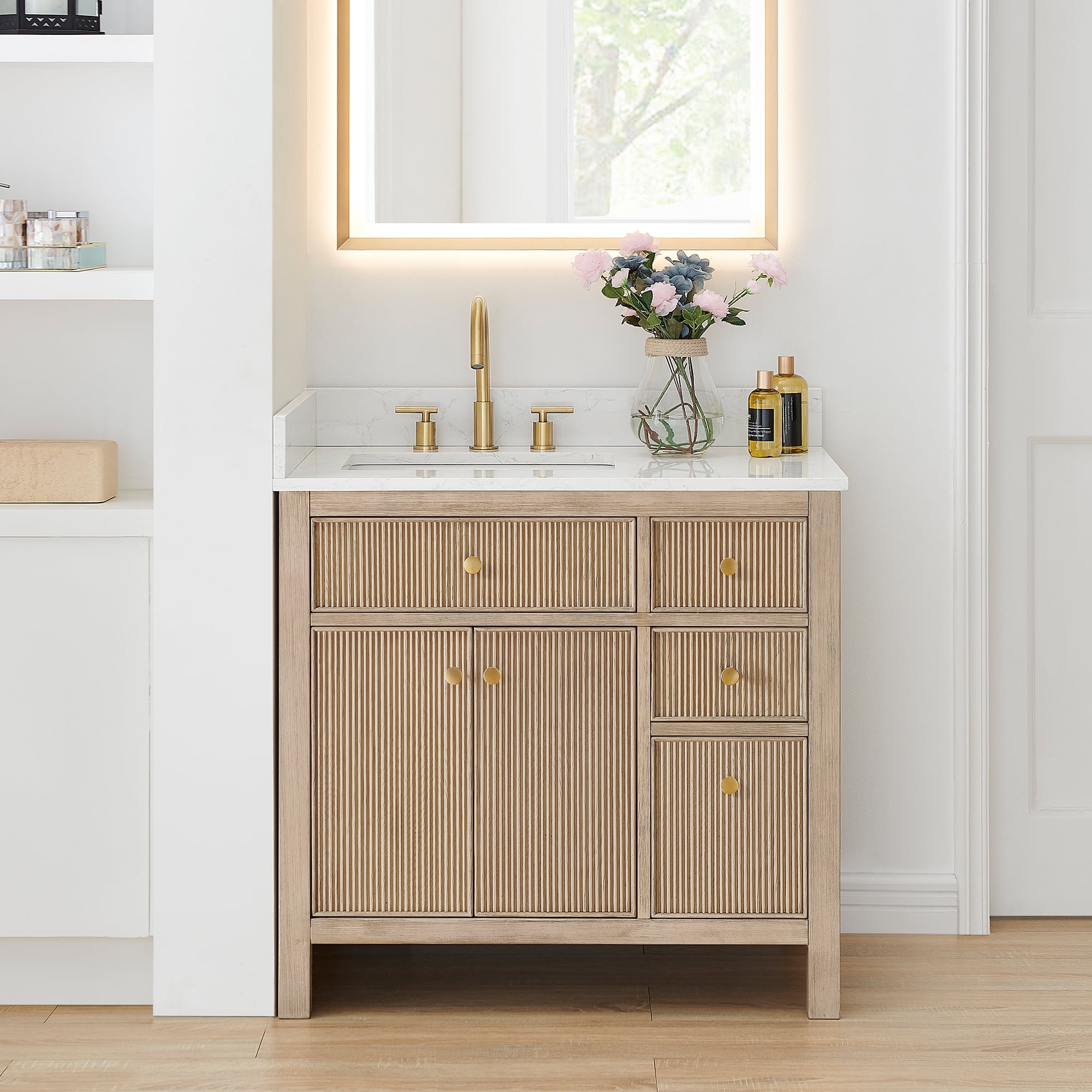 Cerrito 36" Natural Oak Vanity with White Stone Top