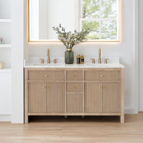 Cerrito 60" Wood Vanity in Nature Oak Engineered Stone Top no Mirror