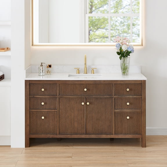 Cerrito 60" Single Wood Vanity in Brown Brushed Oak Engineered Stone Top/NM