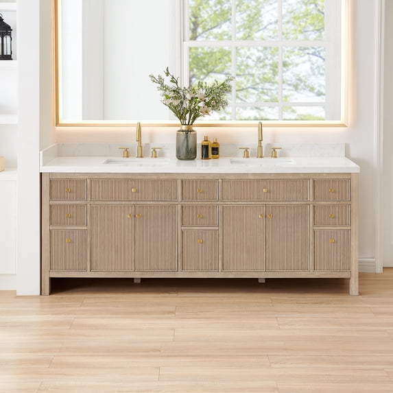 Cerrito 84" Wood Vanity in Nature Oak Engineered Stone Top no Mirror