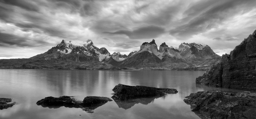 Cerro Paine Grande (L) and the Cuernos del Paine (R) from Lake Pehoe Torres Del Paine National Park Chile Canvas Art - Panoramic Images (9 x 27)