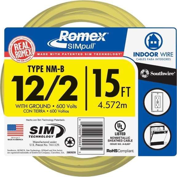 Cerro Flow 12/2 NM-B Solid With Ground Wire 147-1602A3 - Copper, Durable - 15', Yellow Indoor & Outdoor Use, NEC-Compliant