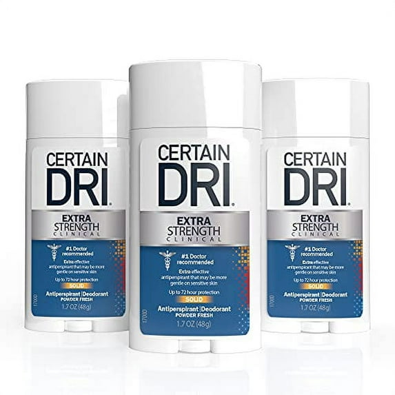 Certain Dri Extra Strength Clinical Antiperspirant Solid Deodorant, Hyperhidrosis Treatment for Men & Women, Powder Fresh, 1.7oz, 3 Pack