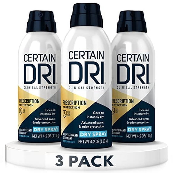 Certain Dri Prescription Strength Clinical Antiperspirant Deodorant Dry Spray for Men and Women, Fast Acting Protection from Excessive Sweating, 4.2 oz, 3 Pack