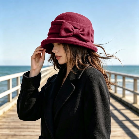 Certgust Under $10 Hot Sales Bucket Hat Women Blend Cloche Bucket Hat Bow Decor Dress Hat Pleated Short Brim Fashion Hat for Ladies Fall Winter Daily Wear