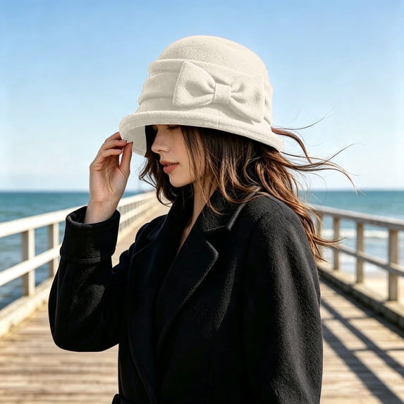 Certgust Under $10 Summer Sales Bucket Hat Women Blend Cloche Bucket Hat Bow Decor Dress Hat Pleated Short Brim Fashion Hat for Ladies Fall Winter Daily Wear