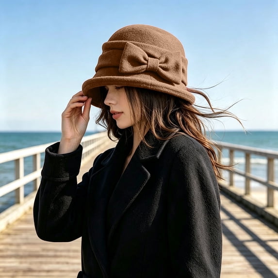 Certgust Under $10 Summer Sales Bucket Hat Women Blend Cloche Bucket Hat Bow Decor Dress Hat Pleated Short Brim Fashion Hat for Ladies Fall Winter Daily Wear