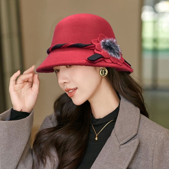Certgust Under $5 Hot Sales Wide Brim Bucket Hat for Women Women Blend Cloche Bucket Hat Decor Hat Wide Curved Brim Elegant Dress Hat for Fall Winter Daily Outdoor
