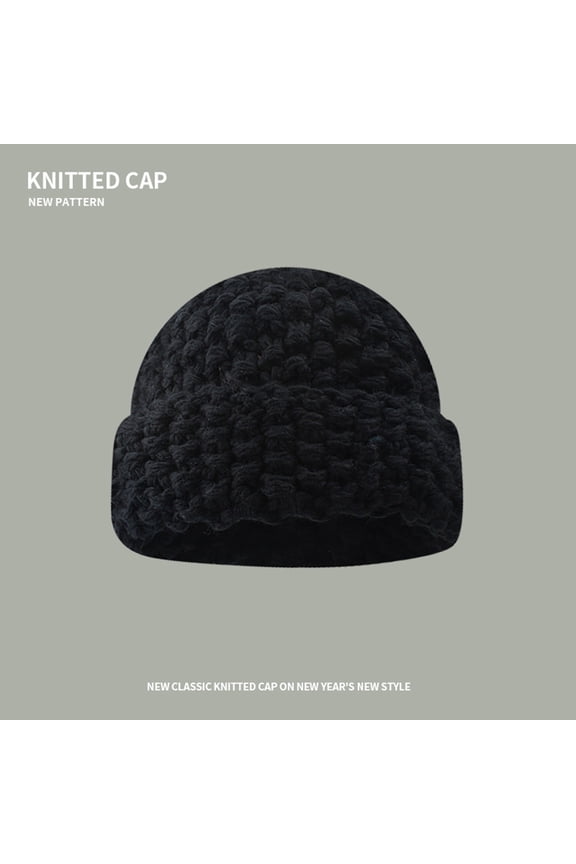 Beanies Knit Hat Women Autumn Winter Solid Color Thickened Warm Ear Pineapple Pattern Beanie Black