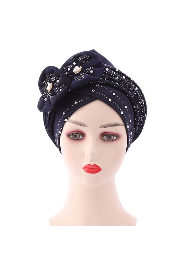 Chemo Headwear for Women Chemo Headwear for Women Fashion Beading Braid Ruffle Cancer Wrap Cap Sleep Satin Lined Hair Bonnet Head Wraps for Women Navy
