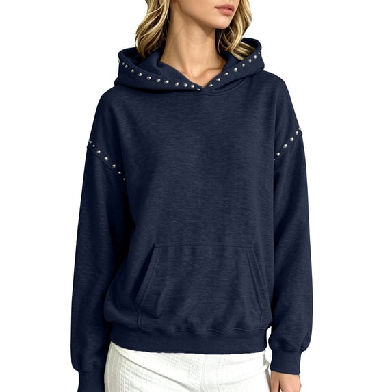 Certgust Fall Outfits Under $10 Hot Sales Womens Pocket Long Sleeve Hoodie Stylish Stud Hoodie with Front Pocket Color Autumn Daily Tops