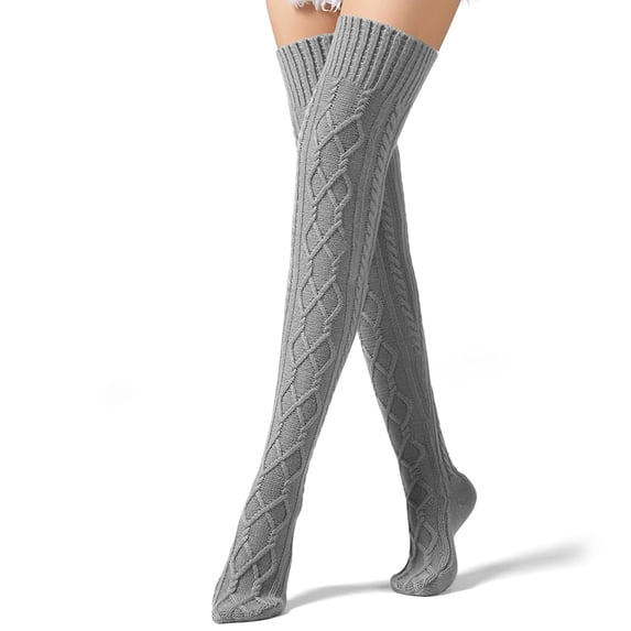 Certgust Knee High Stockings Under $10 Thigh High Stockings Cable Knit Winter Boot Socks Over Knee Extra Long Leg White Thigh High Stockings Grey