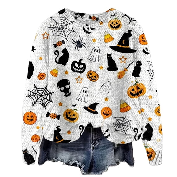 Certgust Lightweight Sweatshirts for Women Under $15 Womens Halloween Graphic Print Long Sleeve Knit Pullover Sweater with Cozy Seasonal Style