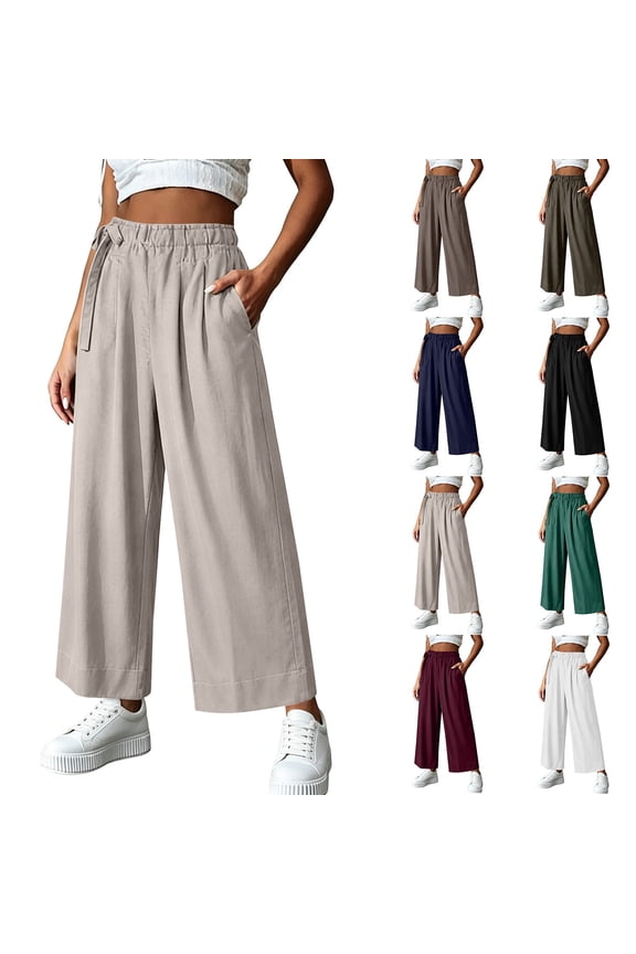 Linen Pants Women Wide Leg Pants for Women Linen Blend High Waisted Elastic Waist with Bow Decor Casual Loose with Pockets Summer Lightweight Breathable