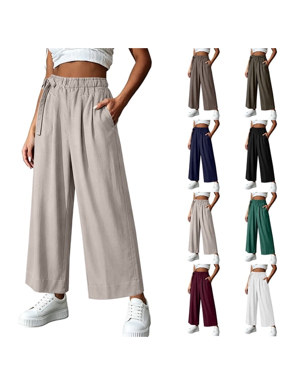 Hot Sales Linen Pants Women Wide Leg Pants for Women Linen Blend High Waisted Elastic Waist with Bow Decor Casual Loose with Pockets Summer Lightweight Breathable