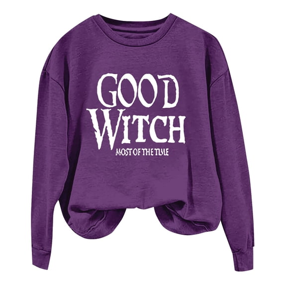 Certgust Mock Neck Sweatshirt Women Under $10 Womens Good Witch Most Of The Time Lettered Halloween Print Pullover Neck Sweatshirt