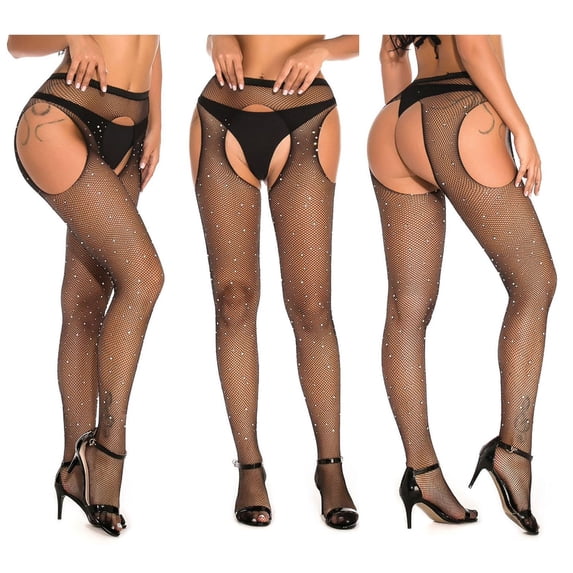 Certgust Pantyhose Under $5 Fishnet Stockings for Women Plus Size Rhinestone Net Stretch Long High Socks Stage Performance Black