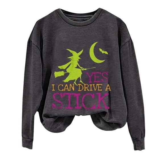 Certgust Sweatshirt Women Under $10 Womens Drive A Stick Halloween Witch Print Casual Sweatshirt with Fun Graphic Design