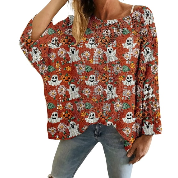 Certgust Sweatshirt Women Under $15 Halloween Crochet Pumpkin Sweater Women Oversized Pumpkin Knit Pullover Cozy Fall Sweater