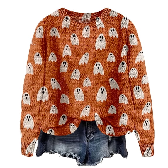 Certgust Sweatshirt for Women Under $15 Womens Halloween Graphic Print Long Sleeve Knit Pullover Sweater with Cozy Seasonal Style