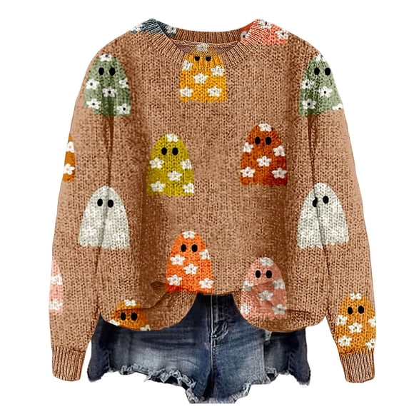 Certgust Usa Sweatshirt Under $15 Womens Halloween Graphic Print Long Sleeve Knit Pullover Sweater with Cozy Seasonal Style