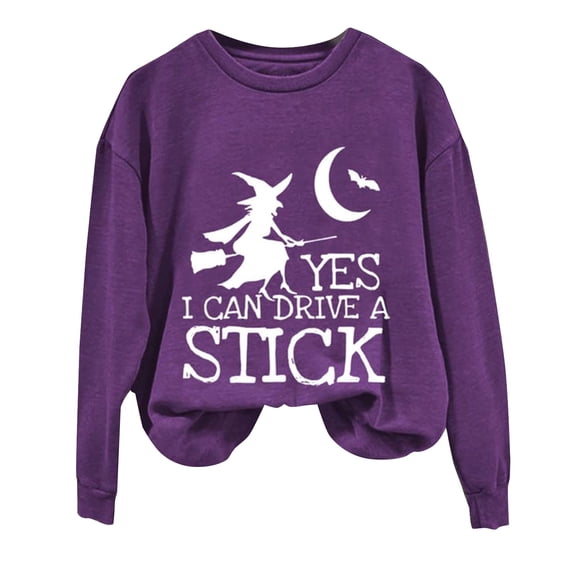 Certgust Usa Sweatshirt Women Under $10 Womens Drive A Stick Halloween Witch Print Casual Sweatshirt with Fun Graphic Design