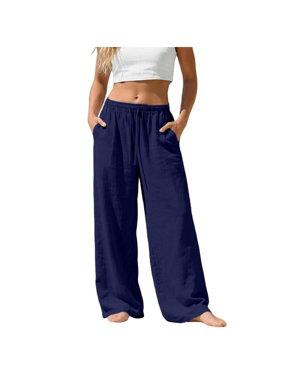Hot Sales Wide Leg Pants for Women Under $25 Plus Size High Waisted Palazzo Flowy Drawstring Elastic Waist with Pockets Vacation