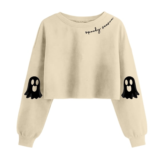 Certgust Women Sweatshirt Under $10 Womens Crop Sweatshirt Fall Halloween Long Sleeve Pullover Season Sweatshirt Cropped Style