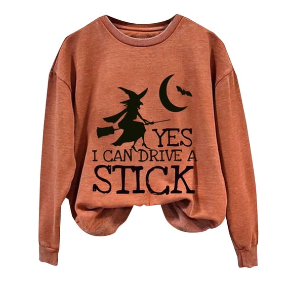 Certgust Women Sweatshirt Under $10 Womens Drive A Stick Halloween Witch Print Casual Sweatshirt with Fun Graphic Design