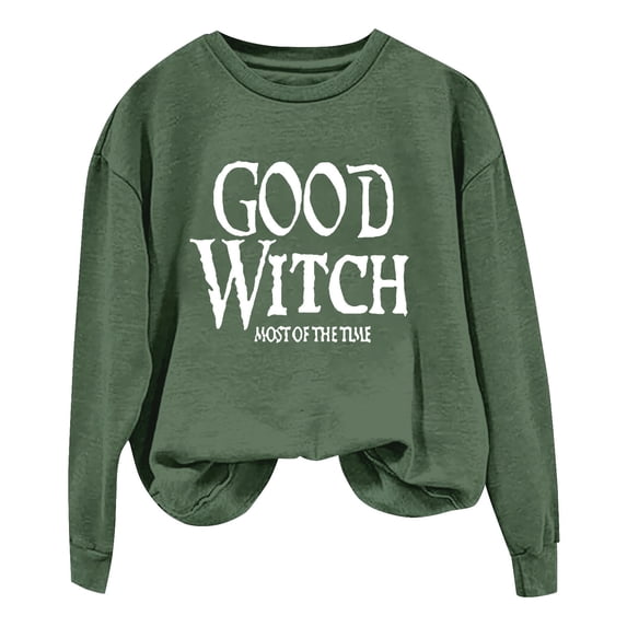 Certgust Women's Sweatshirt Under $10 Womens Good Witch Most Of The Time Lettered Halloween Print Pullover Neck Sweatshirt