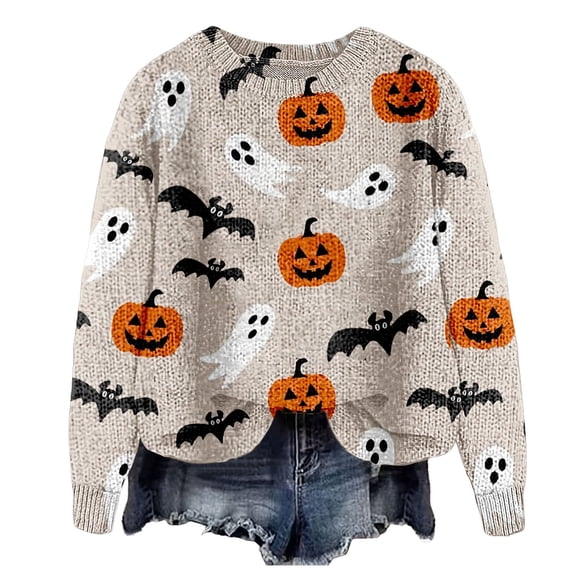 Certgust Women's Sweatshirt Under $15 Womens Halloween Graphic Print Long Sleeve Knit Pullover Sweater with Cozy Seasonal Style