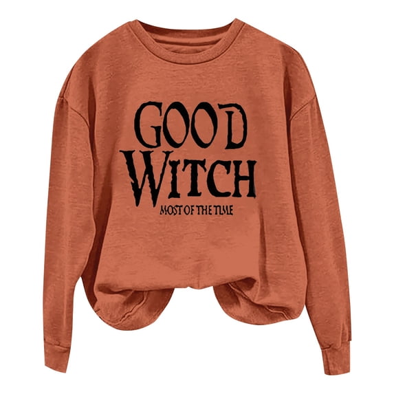 Certgust Women's Sweatshirts Under $10 Womens Good Witch Most Of The Time Lettered Halloween Print Pullover Neck Sweatshirt