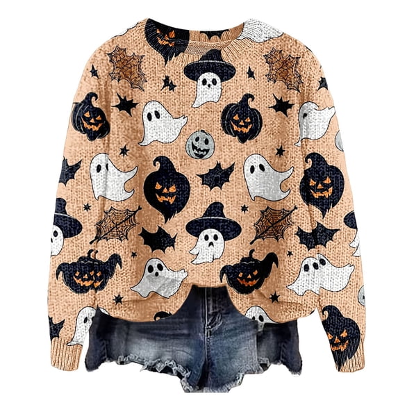 Certgust Women's Sweatshirts Under $15 Womens Halloween Graphic Print Long Sleeve Knit Pullover Sweater with Cozy Seasonal Style