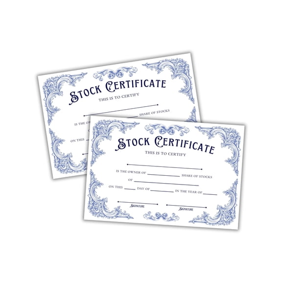 Certificate of Stock Ownership Blank 30pk 6x9 Cardstock Bulk Investors Blue and White Old Corporate Printable Book Kit for LLC Corporations