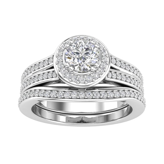 Certified 1.25ctw Diamond Halo Bridal Set Engagement Ring in 14k White Gold