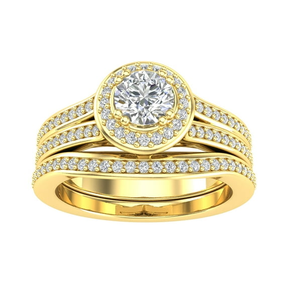 Certified 1.25ctw Diamond Halo Bridal Set Engagement Ring in 14k Yellow Gold