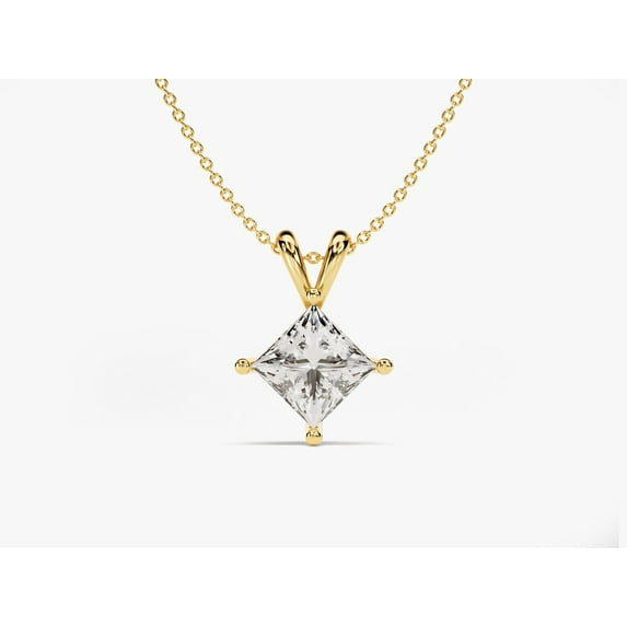 Certified 1 Carat Princess Cut D/VVS1 Natural Moissanite Solitaire Pendant With 18" Chain 14K Yellow Gold Plated Silver