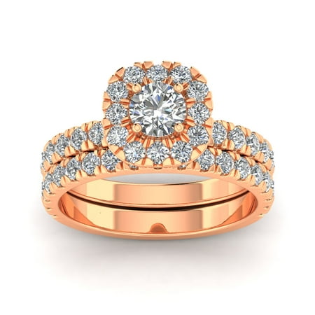 Certified 2.00 Carat TW Diamond Halo Engagement Ring Bridal Set in 14k Rose Gold (G-H, I2-I3)