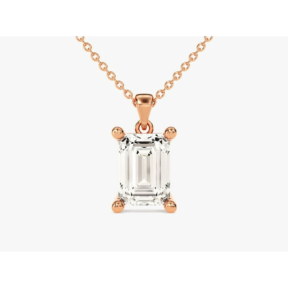 Certified 3 Carat Emerald Cut D/VVS1 Natural Moissanite Solitaire Pendant With 18" Chain 14K Rose Gold Plated Silver