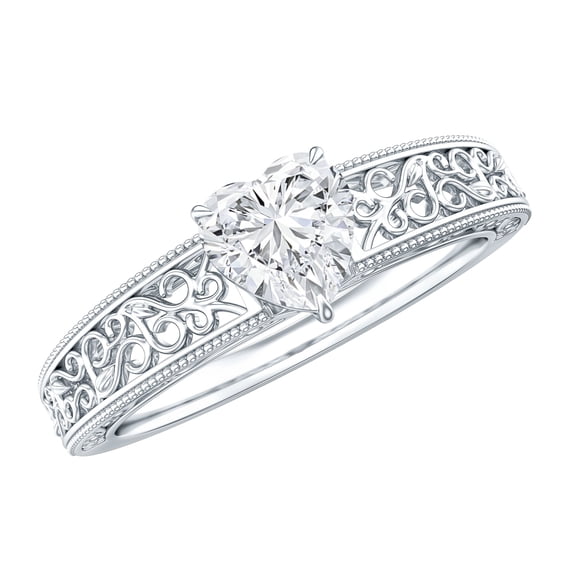 Certifie Heart Lab Grown Diamond Art Deco Ring, EF-VS Quality, Half Carat - Ready to Gift, 14K White Gold, US 3.00