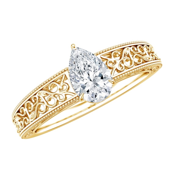 Certified Pear Lab Diamond Filigree Engagement Ring for Women - 0.6 Carat - EF-VS Grade, 18K Yellow Gold, US 3.50