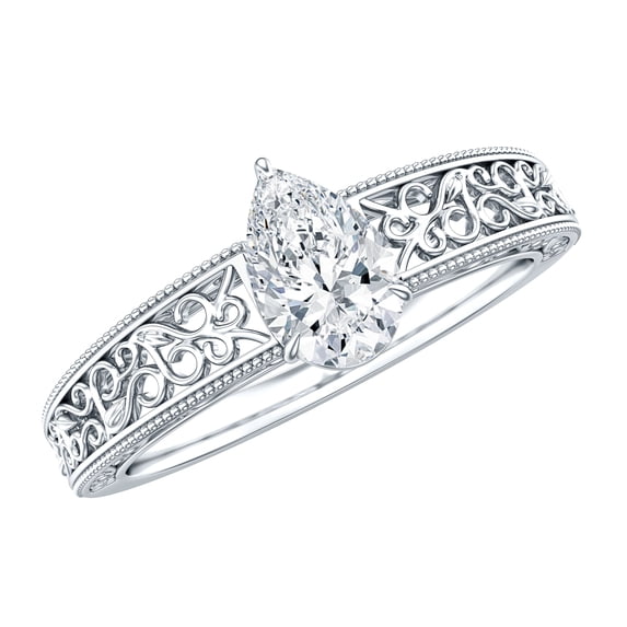 Certified Pear Lab Diamond Filigree Engagement Ring for Women - 0.6 Carat - EF-VS Grade, 925 Sterling Silver, US 4.00