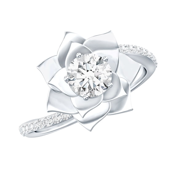 Rosec Jewels Certified 5mm Lab Grown Diamond Lotus Flower Engagement Ring - EF-VS Quality, 925 Sterling Silver, US 4.00