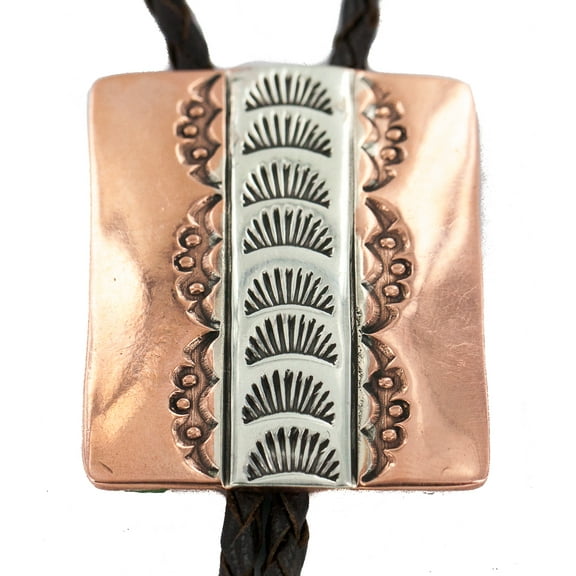 Certified Authentic Handmade Navajo Leather Pure Copper and Nickel Native American Bolo Tie